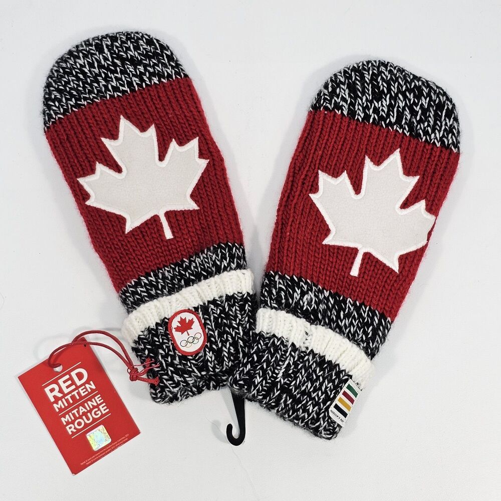 ​Hudson Bay Co Canada Olympic Red Mittens NWT Maple Leaf Winter Gloves L/XL AMAC